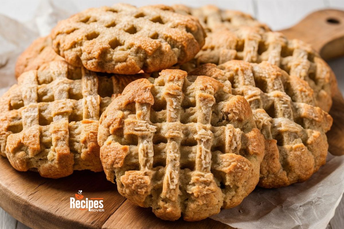 A close-up of freshly baked peanut butter cookies with a crisscross pattern on a wooden board.