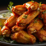 a platter of Mango Habanero Wings, freshly cooked and glistening with a glossy, spicy-sweet sauce.